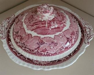 Red transfer ware covered dish.