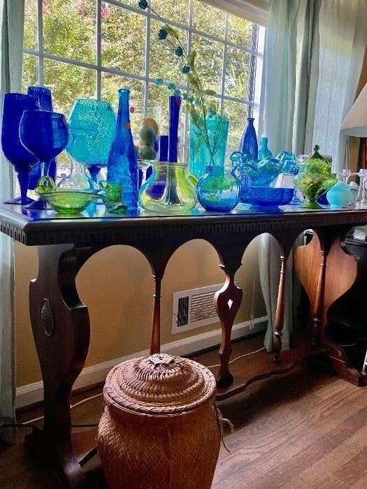 Sofa table with Blue and green glass
