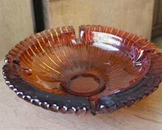 Vintage Ribbed Amber Glass Ashtray