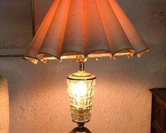 Vintage Brass glass table lamp with ruffled lamp shade 30 tall