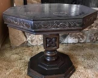 Hexagon end table coffee table Spanish gothic Revival, dark carved wood
