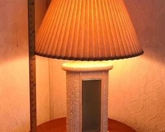 80s style plaster table lamp with glass panel accent