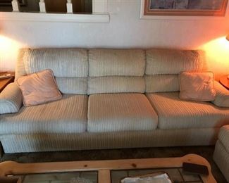Couch, 3 cushion, cream colored vintage upholstered furniture