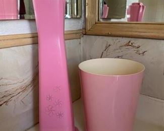 Vintage Pink Toilet Brush Holder and Trash Can