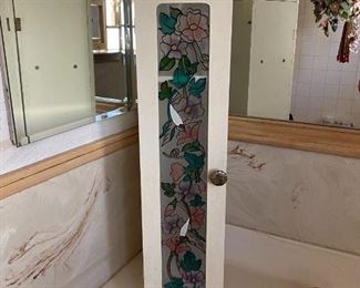 Flowers and Hummingbirds Stained Glass Front Toilet Paper Tissue Holder Stand Cabinet