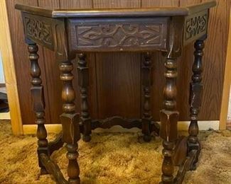 Vintage Dark Wood Hexagon Side End Table