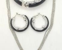 22 - Brighton Imperial Black 3 piece jewelry set 17" triple chain necklace with pendant Hoop earrings hinged bangle

