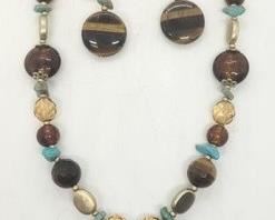 92 - Tiger eye & turquoise beaded necklace & earrings 16" necklace
