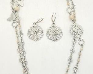 113 - Brighton flowers/butterflies necklace & earrings 40" long layer necklace
