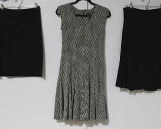 141a - 2 Black Skirts & 1 Navy/Cream Dress A-Line Black Skirt by Sympli, size 8 Black Flared Skirt by Joseph Ribhoff, size 10 Navy & Cream Dress by Taylor, size 2 (skirt section is lined)
