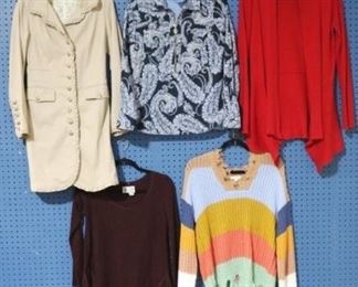 151a - Group Lot of Sweaters/ Jackets Beige Jacket by Anthracite, size 8 Navy Pattern 1/4 Zip by Tommy Hilfiger, size s Sweater/Jacket by Population, size s Burgundy sweater by Anthropologie, size s Striped Sweater by Oddie, size M/L
