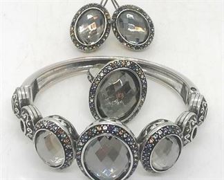 156 - Brighton Luminesce Swarovski crystal jewelry set silver gray hinged oval bangle bracelet "Gratitude" inscribed earrings Ring size 6 1/2
