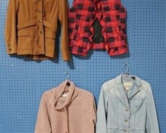 161a - Group Lot of Jackets/ Sweaters Rust Colored Jacket by Tabitha, size 4 Sherpa by Pink Rose, size M Jean Jacket by Pilcro and the letterpress, size s Black & Red Vest w/ ruffles, size s