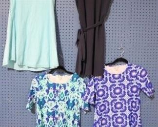 176a - Group Lot of 4 Dresses Royal & Sky Blue Star Dress by All for Color, size s Teal & Royal Blue Multi-Color Dress by All for Color, size s Light Blue Dress by Neon, size xs Navy Blue Dress by Banana Republic, size 2
