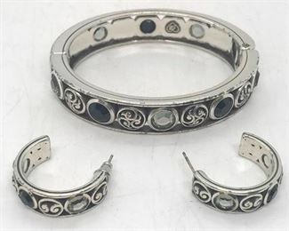 183 - Brighton bangle & earrings, black & white crystals hinged, magnetic bangle one earring without back
