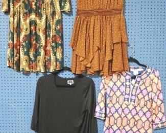 191a - Group of 4 Dresses Solid Black by Mudpie, Size M (8-10) Navy & Orange by Gretchen Scott, size xs Rust Ruffled by Storia, size m Forest Green & Rust by Dazzleup, size s/m
