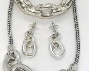 206 - Brighton Mercer woven silver 3 pc jewelry set heavy hinged bangle 18" necklace
