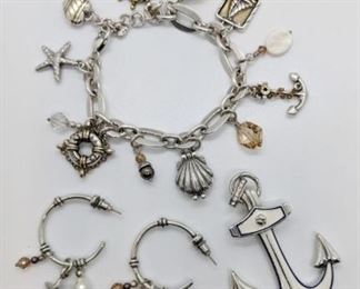 253 - Brighton Nautical Theme Charm Bracelet w/earrings To include an Anchor Pendant 8" Long 2 1/2" tall pendant

