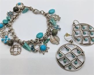 259 - Sterling Silver Earrings w/ Turquoise Beaded Charm Bracelet - 7" long
