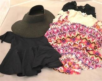 266a - Lot of Bathing Suit Items Bathing Suit Top, size L - New with tags Beige Bathing Suit Coverup, size s Black Long Sleeve Coverup, size s/m Straw Velrco Hat Black Wrap/ Mini Skirt
