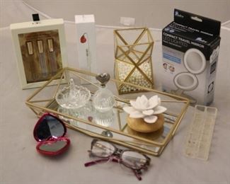 273a - Brass & Mirrored Vanity Set w/ New in Box Perfumes & more
