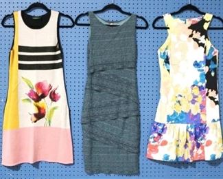 326a - Group Lot of 3 Dresses Olive Green Lace Dress by Bailey, size s Floral Dress by Donna Morgan, size 4 Beige & Black Knit Dress by Troubadour, size xs
