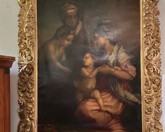 Original oil on canvas by 
Eugenie Viollier-Andre 
Swiss 19th Century 
“The Medici Holy Family”

54 3/4” high x 41 1/4” wide
71” x 57 1/2” frame size overall

Signatures & Marks: signed lower right back of canvas, E Andre/Florence, also the top right side of the stretcher contains a hand written (almost indiscernible) notation which appears to be the name and address of the artist: Mme Eugenie Andre, 10???ngo I’ll Morgan??  Additionally, there is a paper label that is stamped and reads as follows: Wiesbadener Mobelheim L. Rettenmayer.  From E. J.?mink, it also has a stamped number 3 and hand written 245.

Description:  The painting depicts Madonna and Child together with Saint Elizabeth and the infant Saint John, looking on.  It is after a painting by Andrea del Sarto. The realist baroque style painting was rendered late 19th century. The painting is framed in what appears to be the original frame. The frame is ornate and deeply handcarved, gilt on wood, and measuring 7 1/2 inches in a