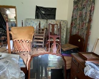 Leather-hide chair, wooden chairs, 4-poster twin bed….