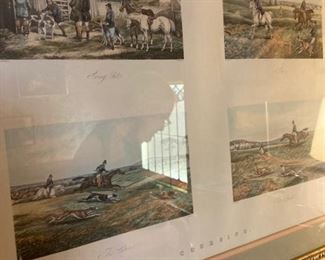 old hand-colored lithographs of hunting scenes -frames