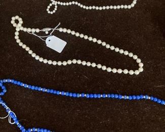 two sets of pearls--one matched, one graduated both with 14K clasps-Lapis bead necklace with gold beads & clasp