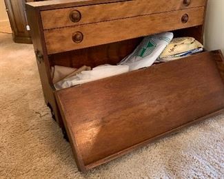 Vintage wooden rolling sewing box with drawers