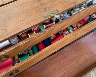 Vintage wooden rolling sewing box with drawers