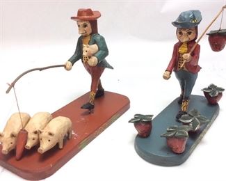 2 WOOD CARVED HAND PAINTED PIG FARMER STRAWBERRY FARMER