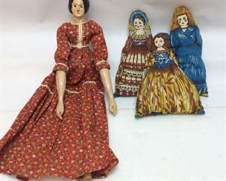 VTG. WOOD CARVED FACE DOLL, 3 COLONIAL STUFFED DOLLS