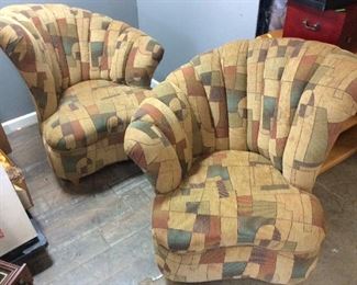 2 CURVED BACK UPHOLSTERED ARM CHAIRS