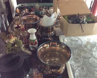 ASSORTED SILVERPLATE, CHINA, HOME DECOR, CRYSTAL CANDLE HOLDERS, MINI LAMP SHADES