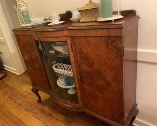 Burl Wood  Side Cabinet Rounded Glass, Has Key to Lock Cabinet Door.  A Brookwood Antique piece.