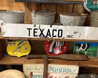 Original Texaco Black over White Porcelain 36" x 5"  So what if it was accidentally put in a bond fire and run over by a tractor....still looks good in a garage or barn...