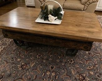 Coffee Table Made from Rail Car Base, Smooth Wooden Top, 30" x 48"