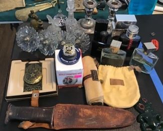 Antique Glass Curtain Tiebacks, Designer Cologne, Knife, etc