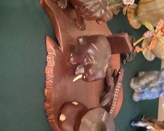 Vintage Elephant Wooden Ashtray with foot  and bone tusks