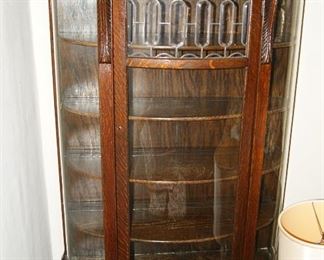 Oak Leaded Glass Curved Front Curio Cabinet