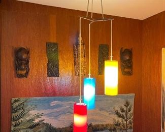 MCM Prescolite 3 Shade Pendant Swag Lamp (Yellow, Blue, and Red)