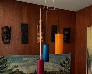 MCM Prescolite 3 Shade Pendant Swag Lamp (Yellow, Blue, and Red)