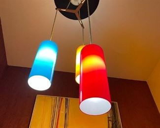 MCM Prescolite 3 Shade Pendant Swag Lamp (Yellow, Blue, and Red)