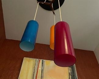 MCM Prescolite 3 Shade Pendant Swag Lamp (Yellow, Blue, and Red)