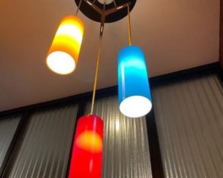 MCM Prescolite 3 Shade Pendant Swag Lamp (Yellow, Blue, and Red)