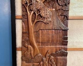 Indonesian Hand Carved Wood Wall Relief - Family Scene
