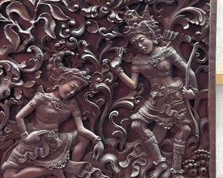 Hindu Influenced Hand Carved Wood Wall Relief