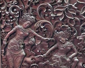 Hindu Influenced Hand Carved Wood Wall Relief